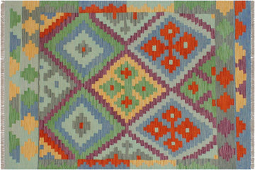 Flat Weave Kilim, Antique, Navaho, Vintage, Handmade, Geometric Kilim Blue Rust Hand-Woven Rectangle 100% Wool Area Rug 3 x 5